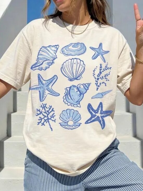 Tops - Graphic Seashell Shirt, Beach Shirt, Ocean Lover Gift
